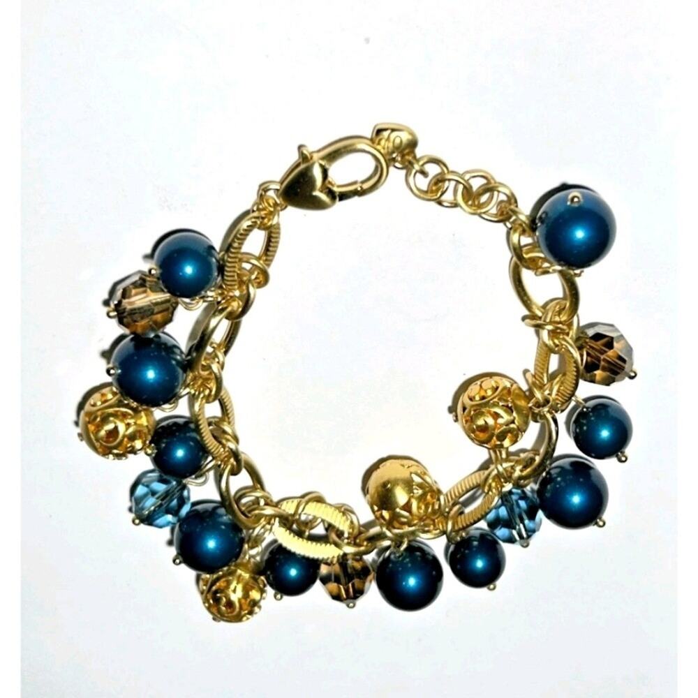 Brighton Cha Cha Gold Plated and Blue Faux Pearl Charm Bracelet